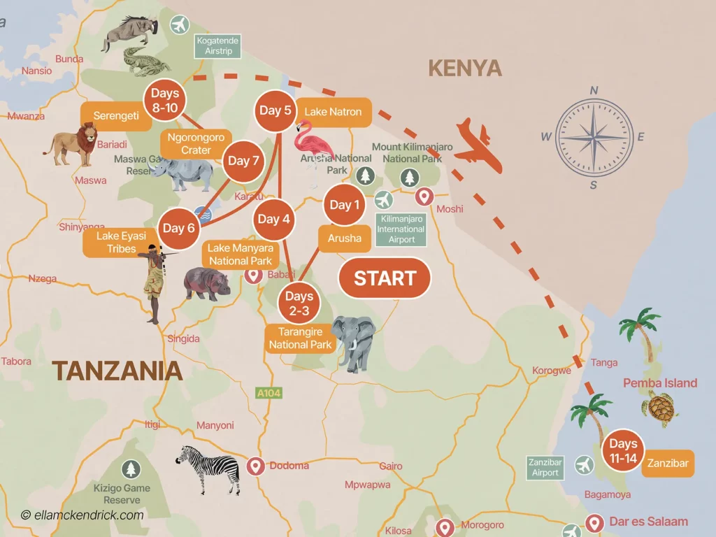 Tanzania 2-Week Safari & Beach Itinerary Map