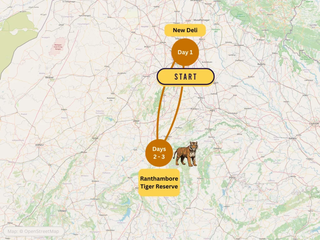 3-day India tiger safari itinerary map