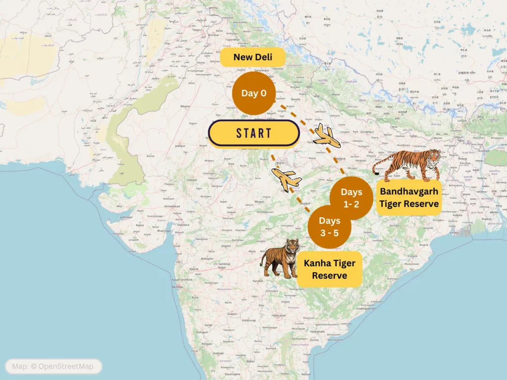 5-day India tiger safari itinerary map