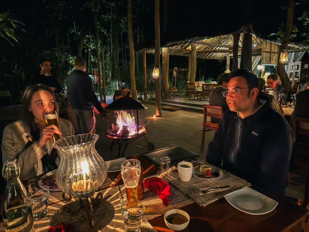 Ella McKendrick having dinner at Tiger Safari Lodge, India