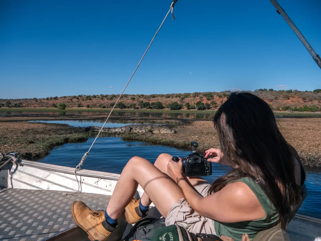 Ella Mckendrick and crocodile on Chobe Riverfront safari