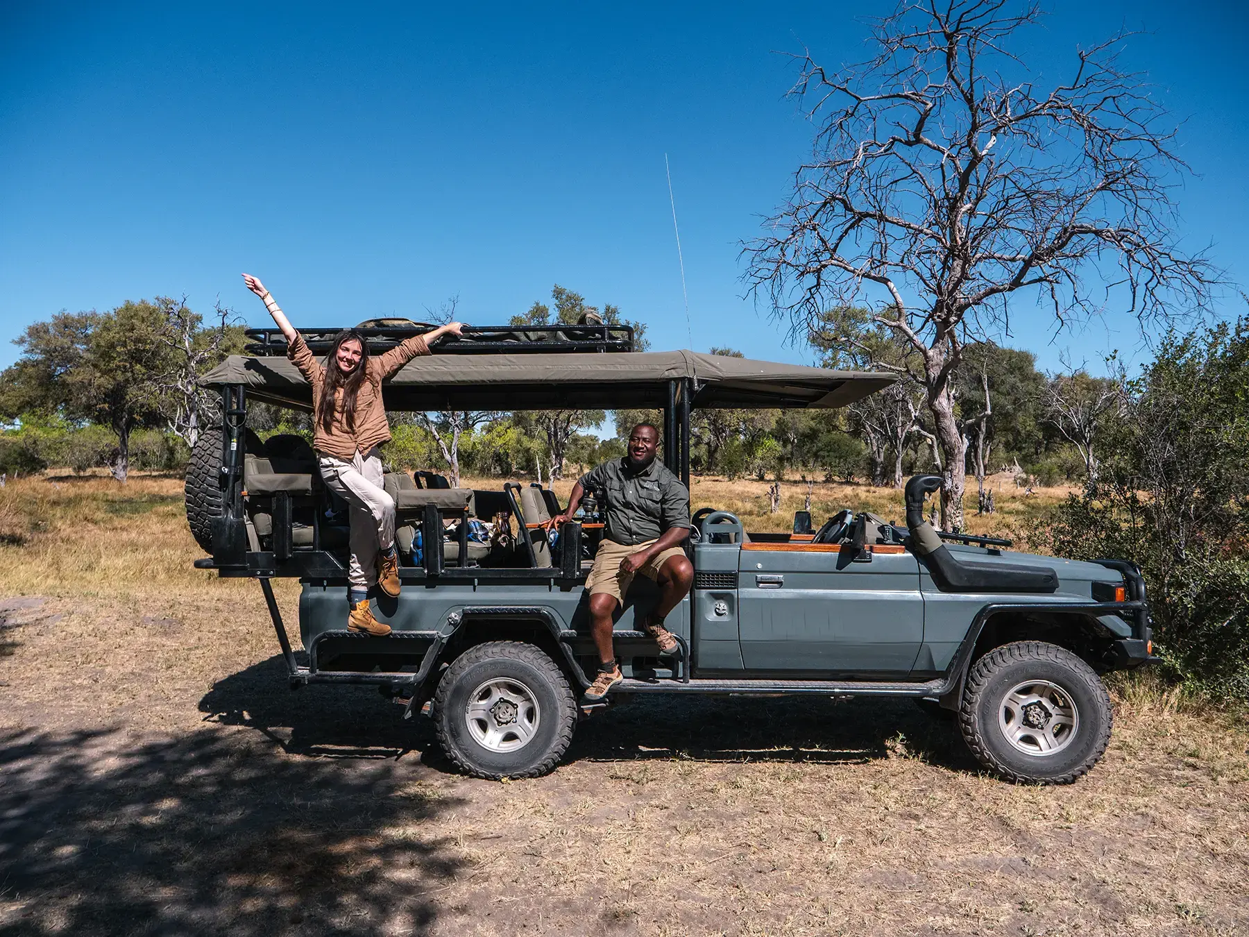 Ella McKendrick and local Botswana safari company in Khwai