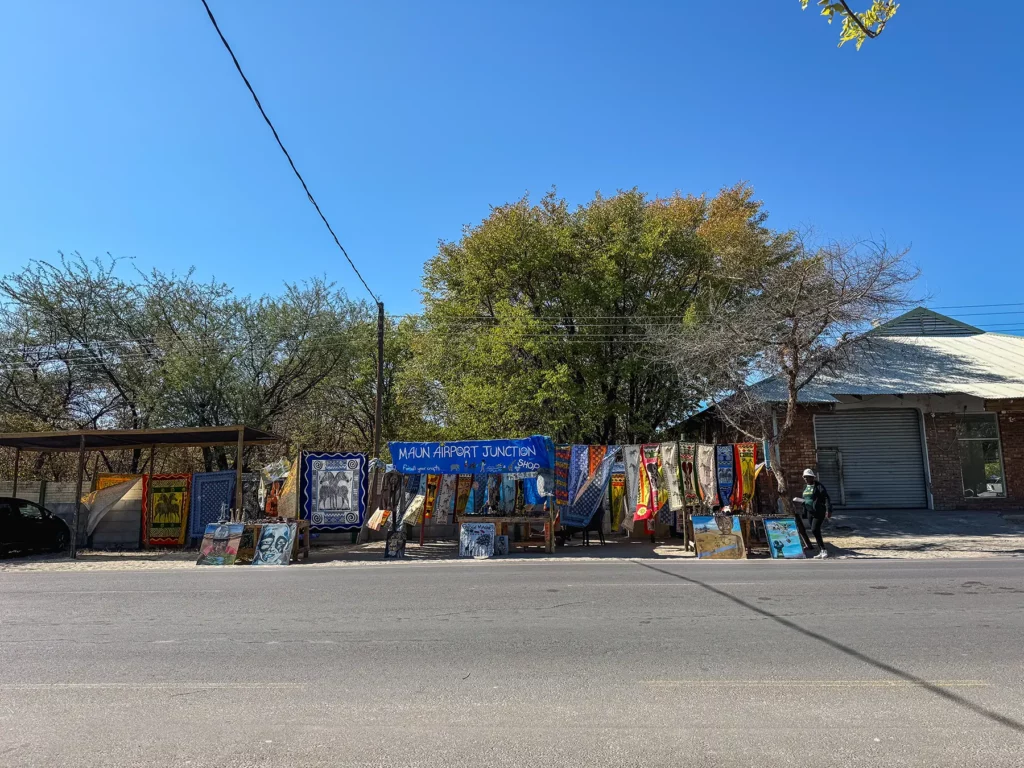 Stalls selling local produce across the road from the Dusty Donkey cafe in Maun, Botswana