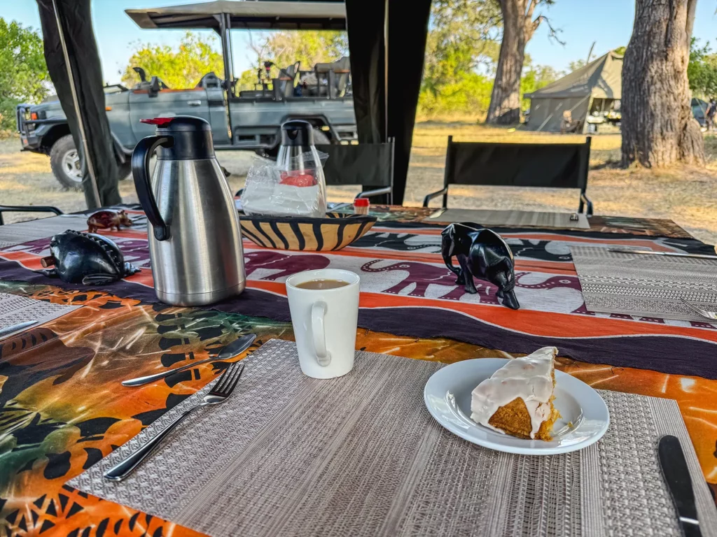 Tea and home-made cake at our luxury mobile tented camp which was set-up in Moremi Game Reserve, Botswana