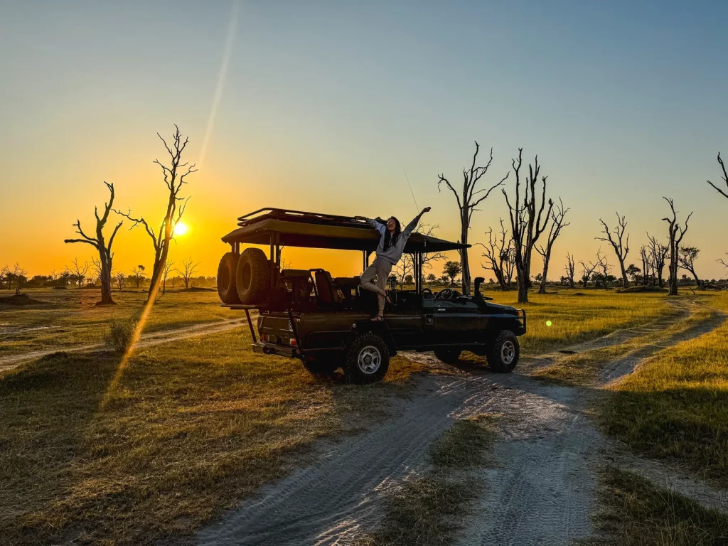 Ella Mckendrick on safari truck in Moremi, Botswana