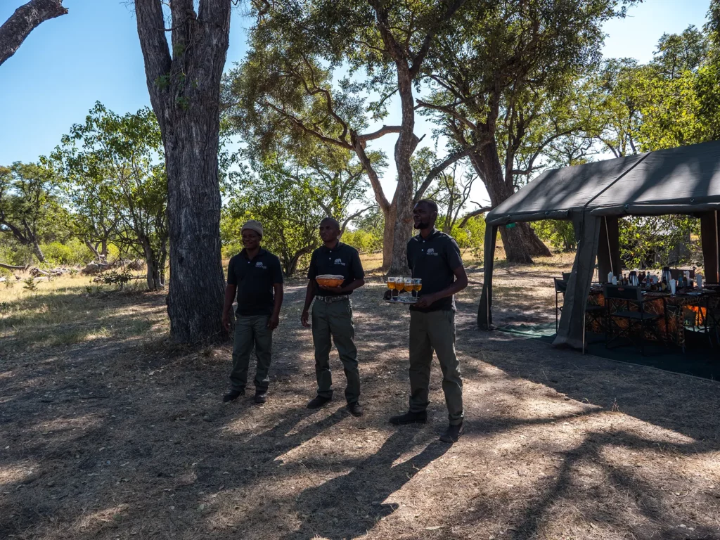 Greeted with drinks after a morning safari. Our private team included a chef and two porters who created incredible food as well as moved our entire camp on moving days.