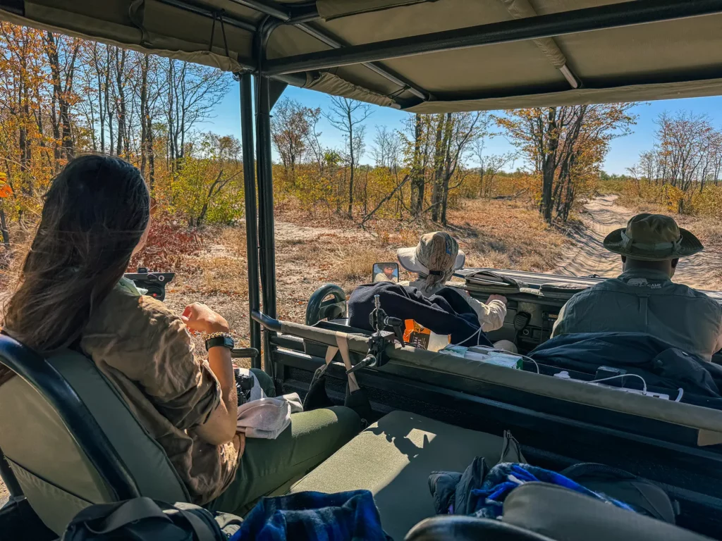 Ella Mckendrick in safari truck, Botswana
