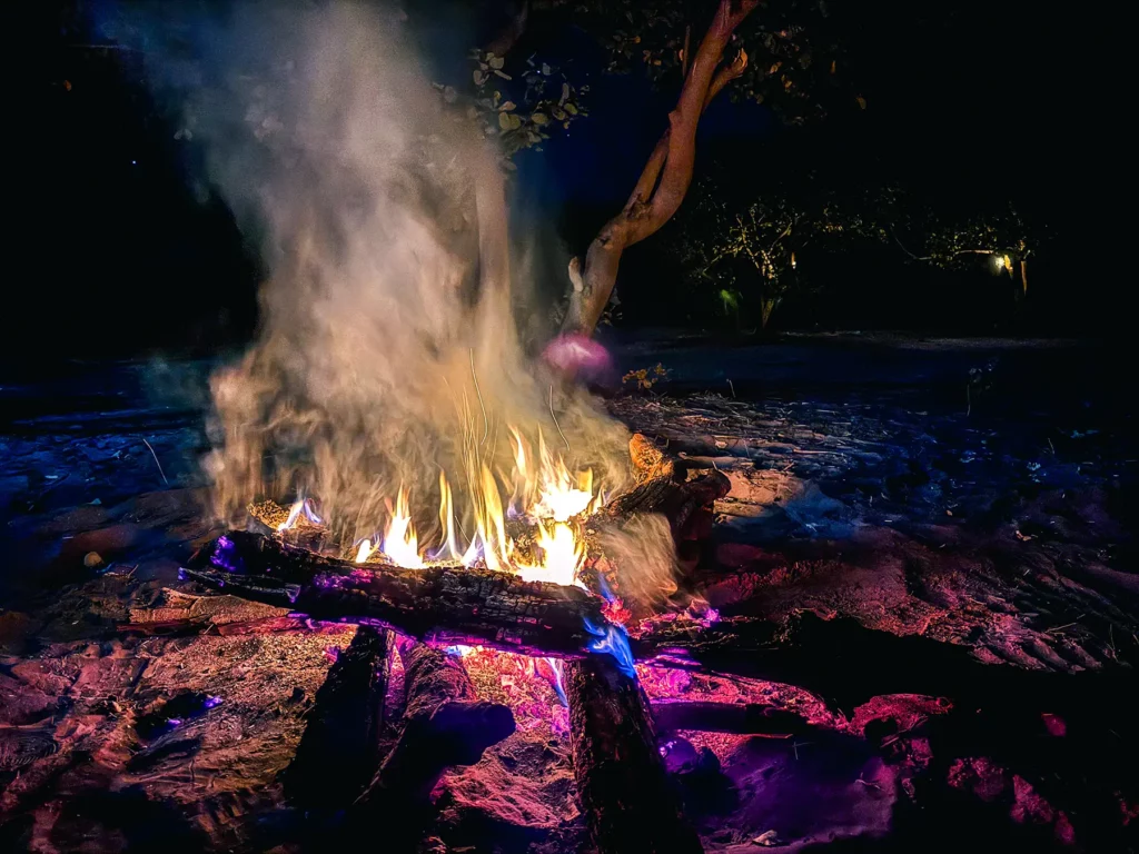 Camp fire at camp in Savuti, Chobe National Park, Botswana