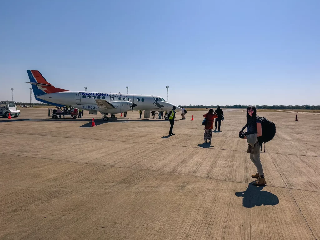Ella McKendrick boarding a plane from Livingstone, Zambia to Lusaka Zambia