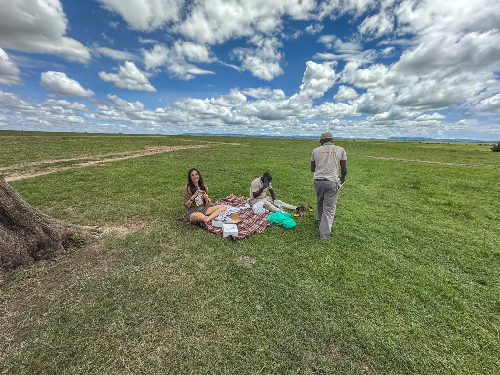 Ella McKendrick having a picnic with a local safari company whilst on safari in the Maasai Mara, Kenya