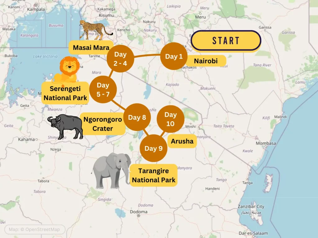 10-Day Kenya & Tanzania safari itinerary map