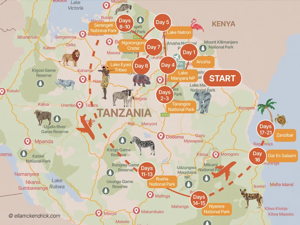 3-week Tanzania safari itinerary map