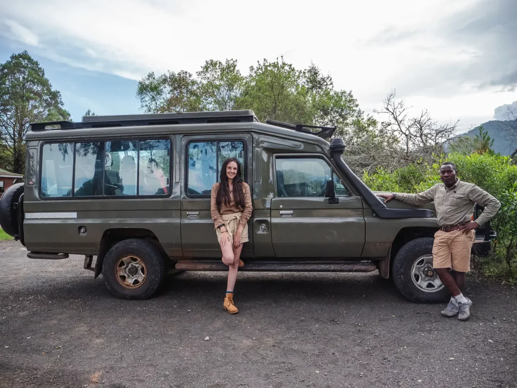 Ella Mckendrick with guide in Arusha National Park, Tanzania