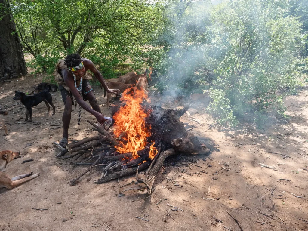 Hadzabe tribe cooking their kill in Lake Eyasi, Tanzania