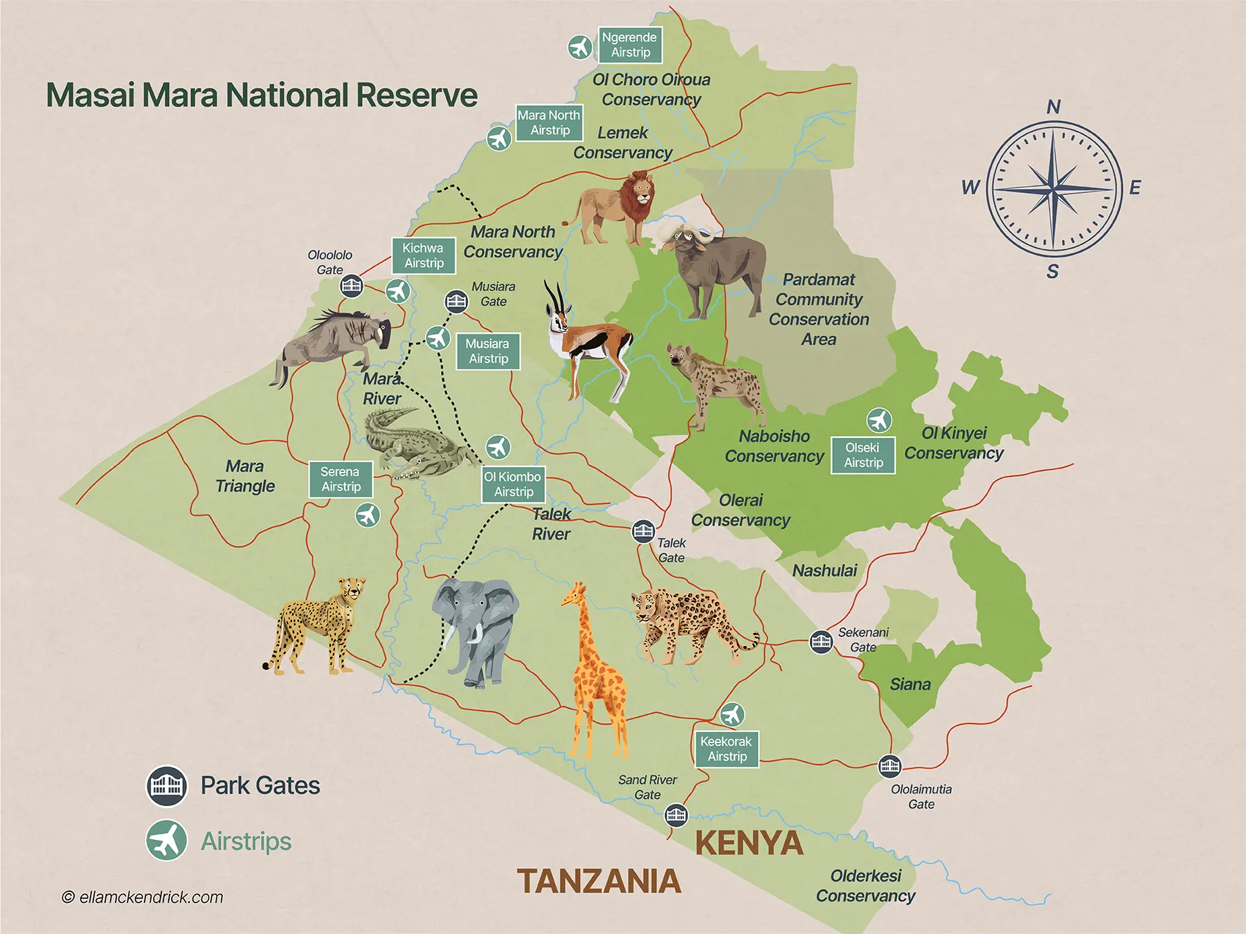 Maasai Mara National Reserve and Conservancies, Kenya - Safari Map