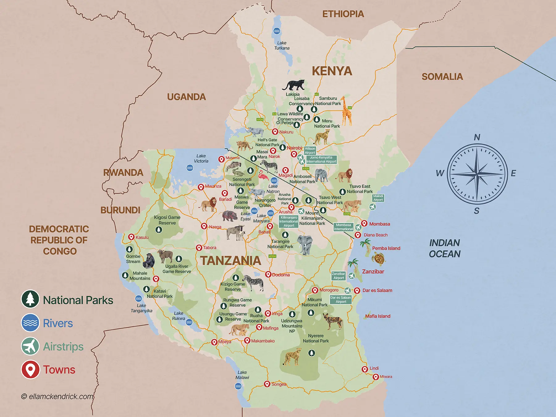 Tanzania and Kenya Safari Map