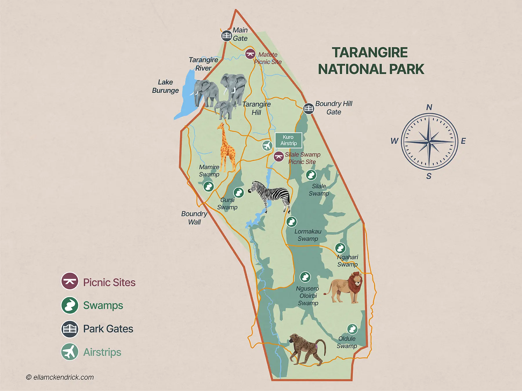Tarangire National Park Safari Map, Tanzania