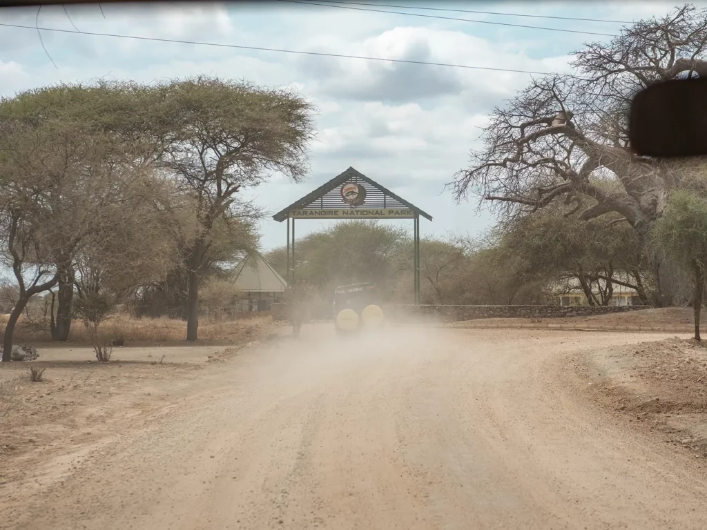 Safari vehicle entering the gates of Tarangire National Park, Tanzania