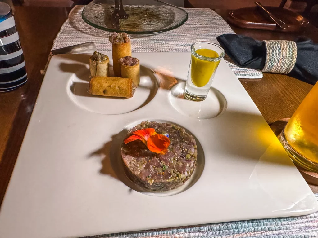 Example Tuna Tartare dish at The Grill Restaurant at Gran Meliá Arusha. Main courses are around $30 - 40 USD