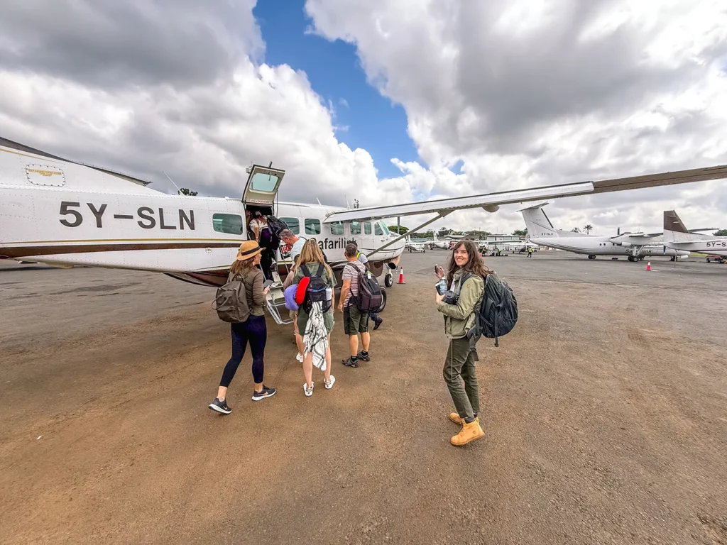 Ella McKendrick getting on a safari plane in the Maasai Mara, Kenya
