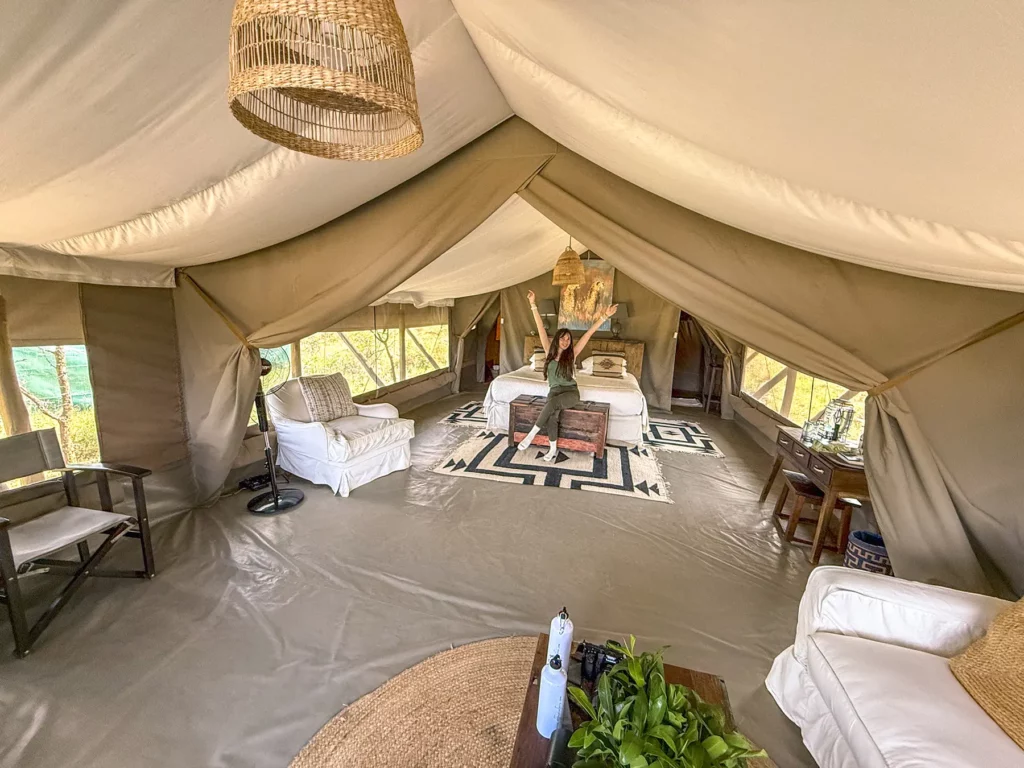 Ella McKendrick in luxury tented camp accommodation in the Maasai Mara, Kenya