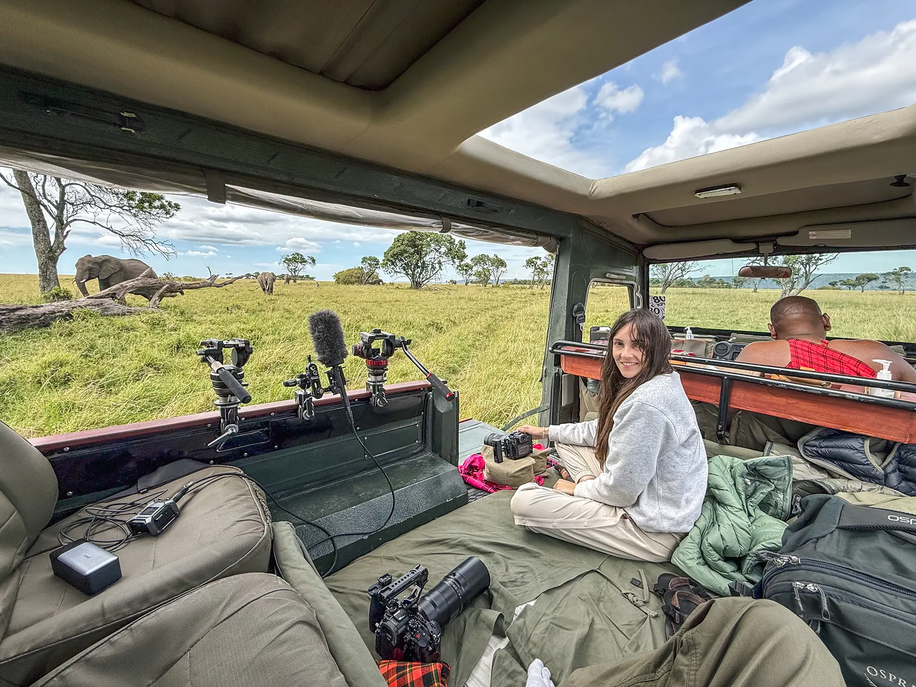 Ella McKendrick on safari in the Maasai Mara photographing an elephant