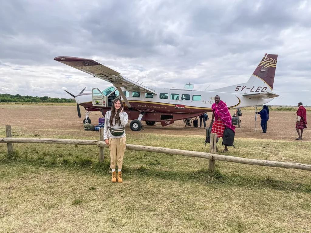 Ella McKendrick arriving on a safari plane in the Maasai Mara, Kenya