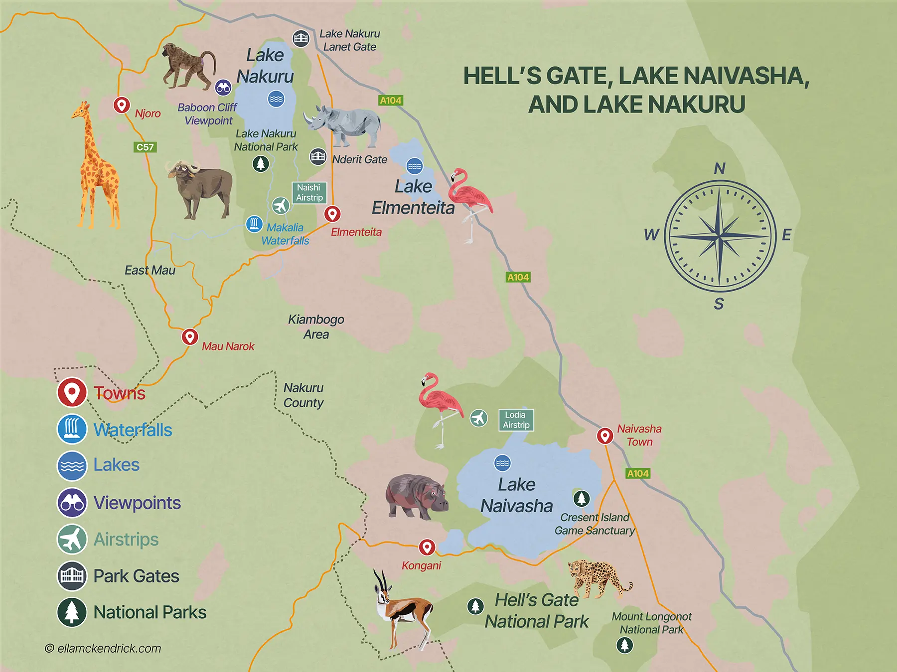 Hell's Gate, Lake Naivasha and Lake Nakuru Map (Kenya)