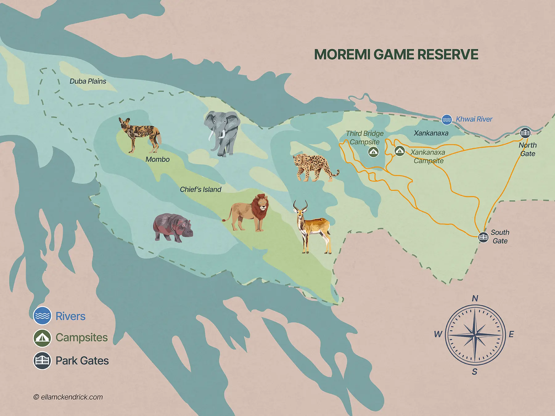 Moremi Game Reserve (Okavango Delta) Map (Botswana)