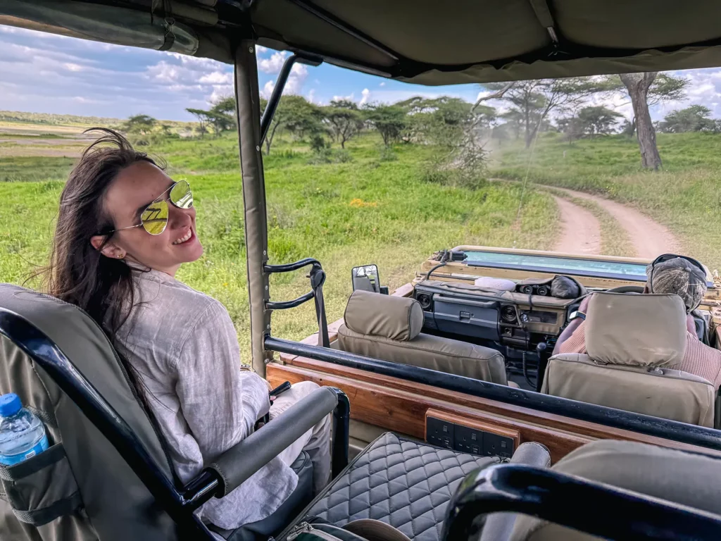 Ella McKendrick in safari vehicle in Serengeti, Tanzania