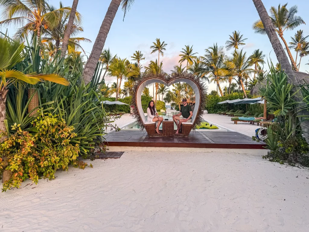 Ella McKendrick in a heart at hotel. Zanzibar, Tanzania honeymoon