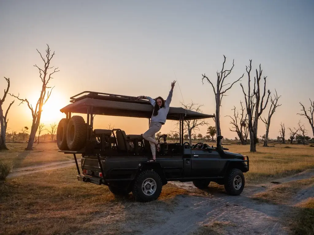 Ella Mckendrick on safari truck in Moremi, Botswana