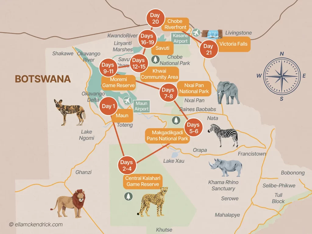 3-week Botswana itinerary map