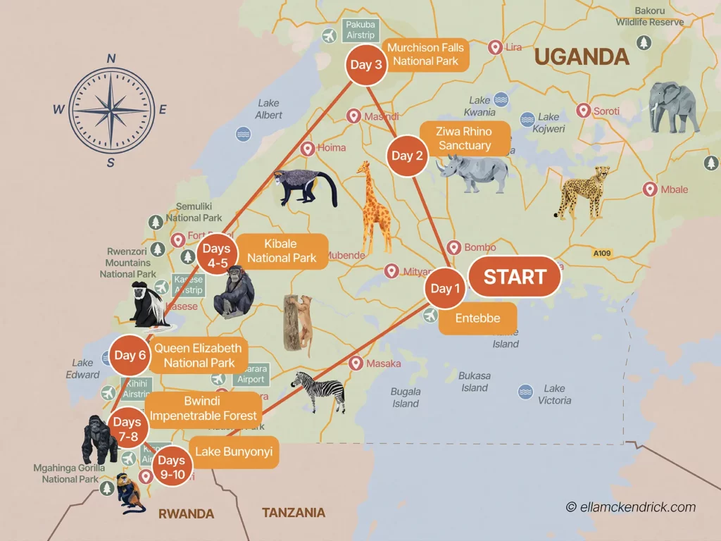 Uganda 10-day itinerary map