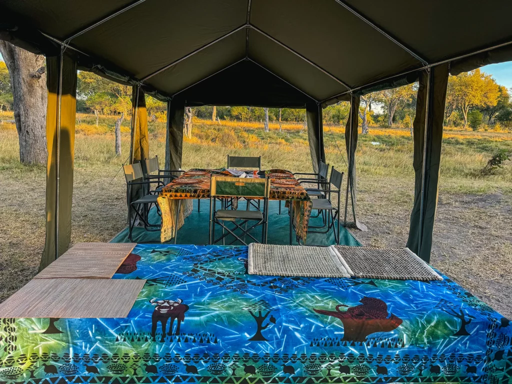 Communal dining area in my luxury mobile tented camp accommodation in Botswana