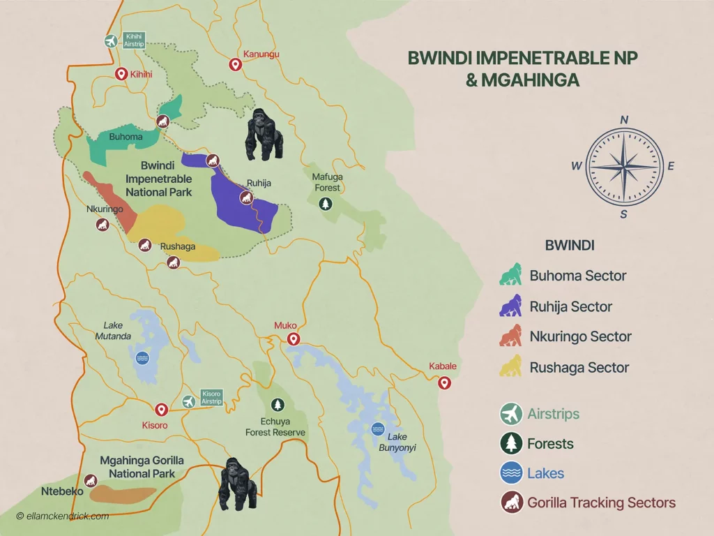 Bwindi Impenetrable Forest & Mgahinga Gorilla National Park Map, Uganda