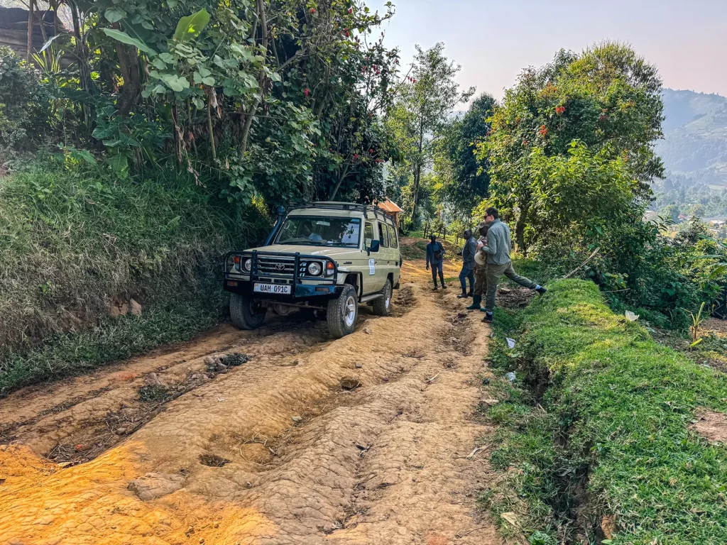 Local tour operator taking Ella McKendrick to the start point for gorilla tracking in Bwindi, Uganda