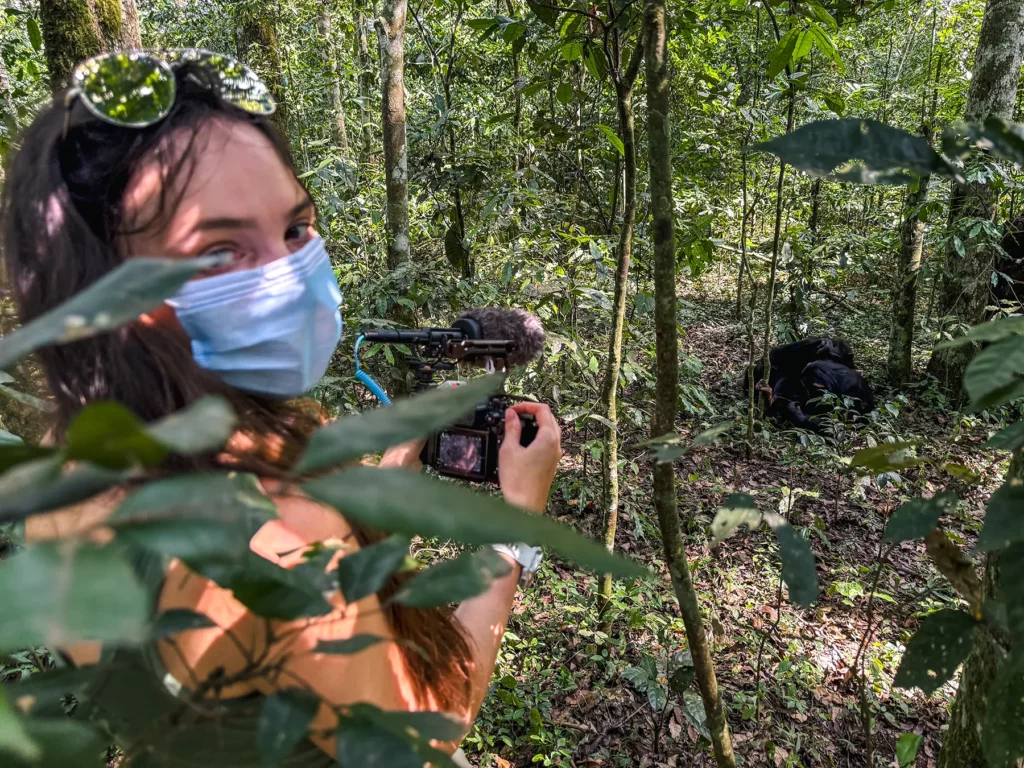 Ella McKendrick photographing a chimpanzee in Kibale Forest National Park, Uganda