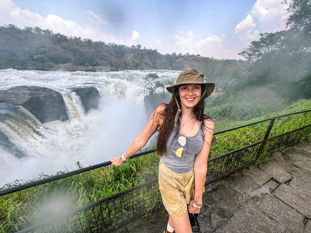 Ella McKendrick in front of Murchison Falls, Uganda