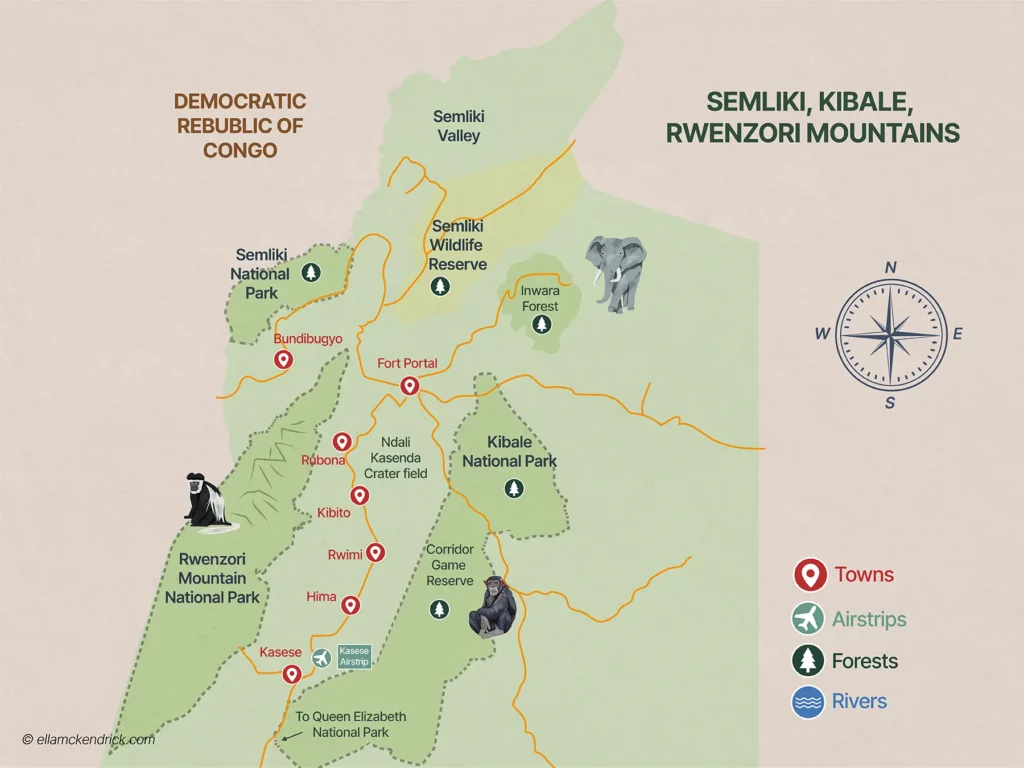 Semliki, Kibale, Rwenzori Mountains Map, Uganda