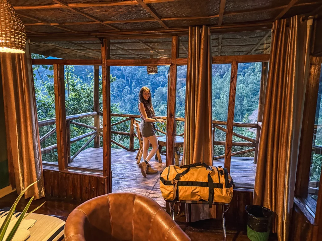 My room at Rushaga Gorilla Lodge with views across Bwindi Impenetrable Forest, Uganda