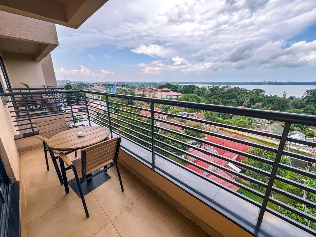 My hotel room balcony overlooking Lake Victoria at K Hotels, Entebbe, Uganda