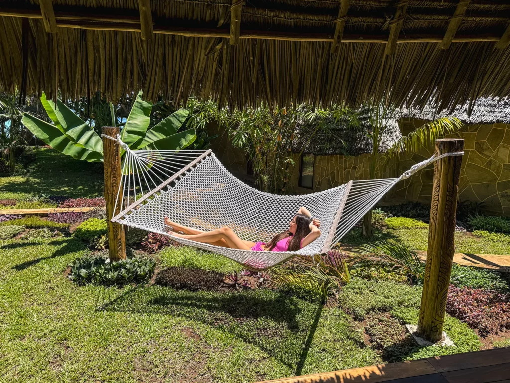 Ella McKendrick in hammock at hotel in Zanzibar