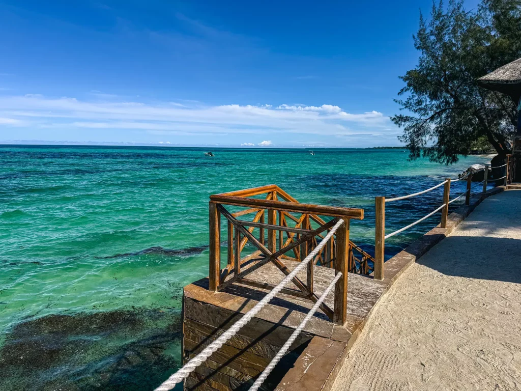 View from hotel accommodation when the tide is in covering Pongwe beach, Zanzibar