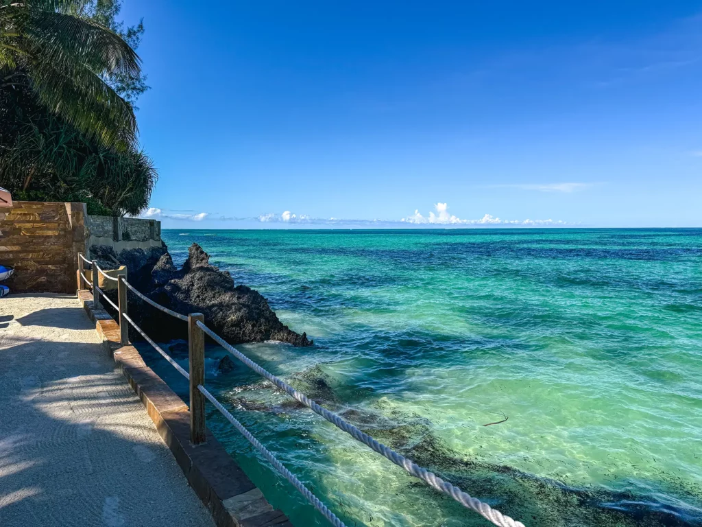 View from hotel accommodation when the tide is in covering Pongwe beach, Zanzibar