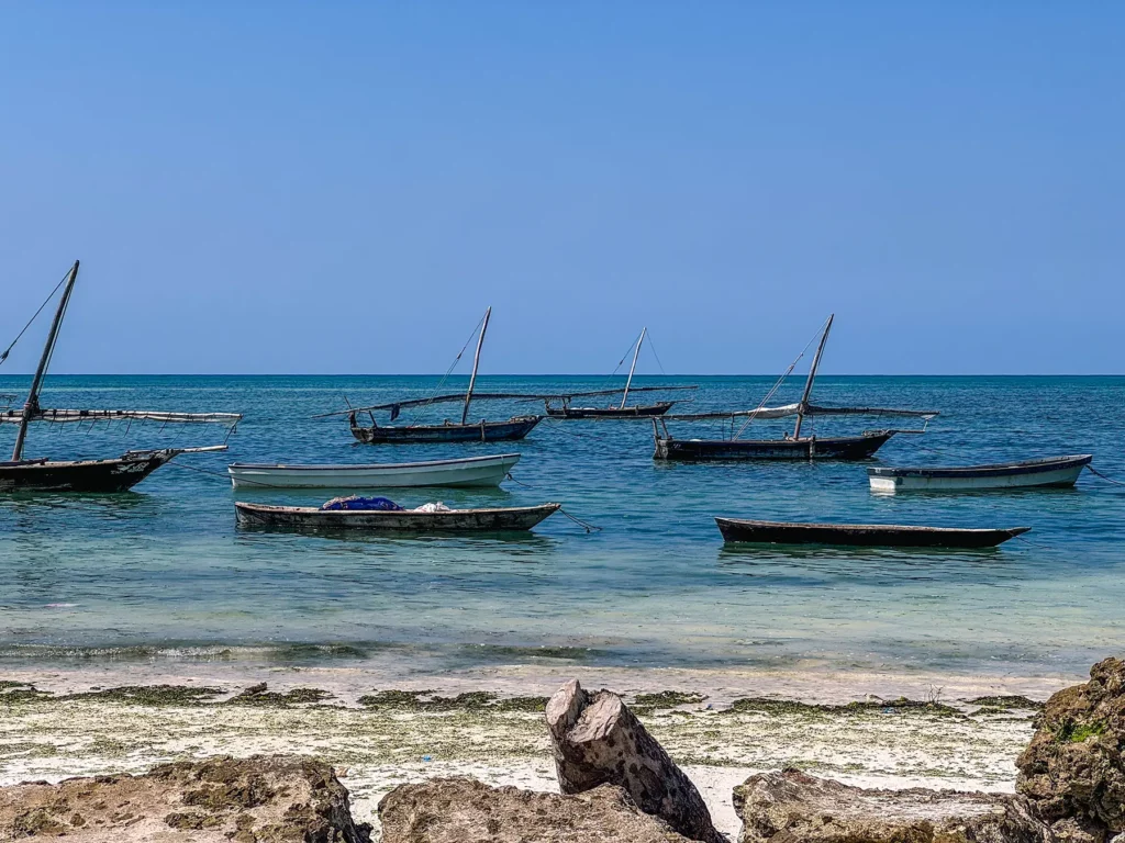 Fishing boats on Nungwi Beach, located at the northern tip of Zanzibar