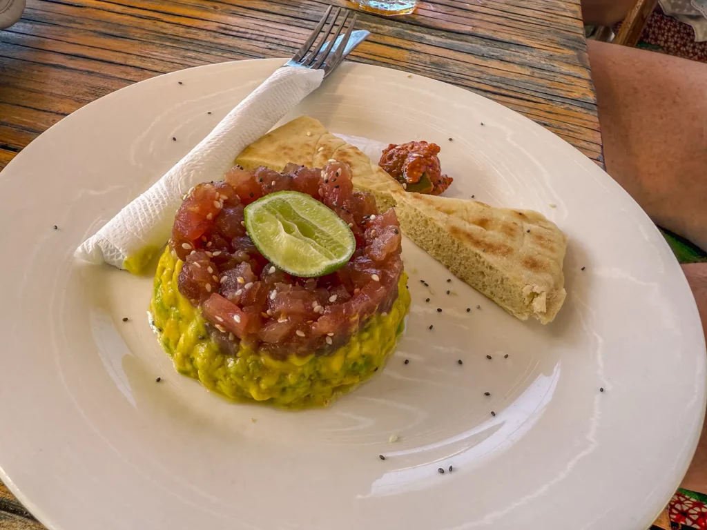 Fresh tuna tartar at a beach bar and restaurant on Nungwi Beach, Zanzibar