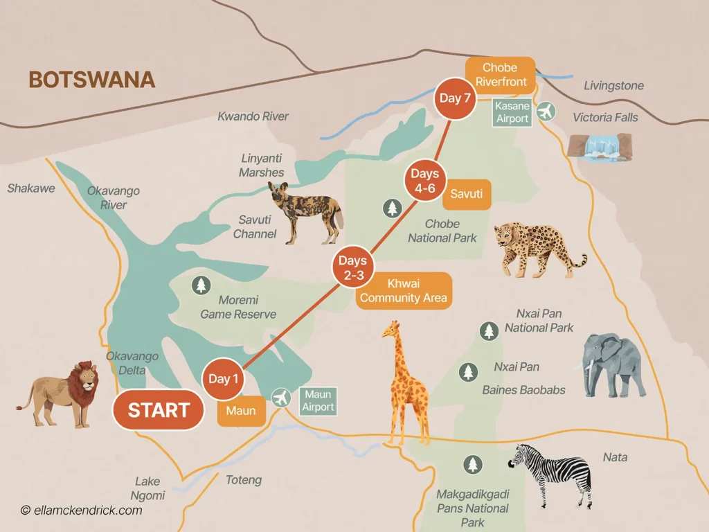 7-Day Okavango Delta Botswana Safari tinerary map