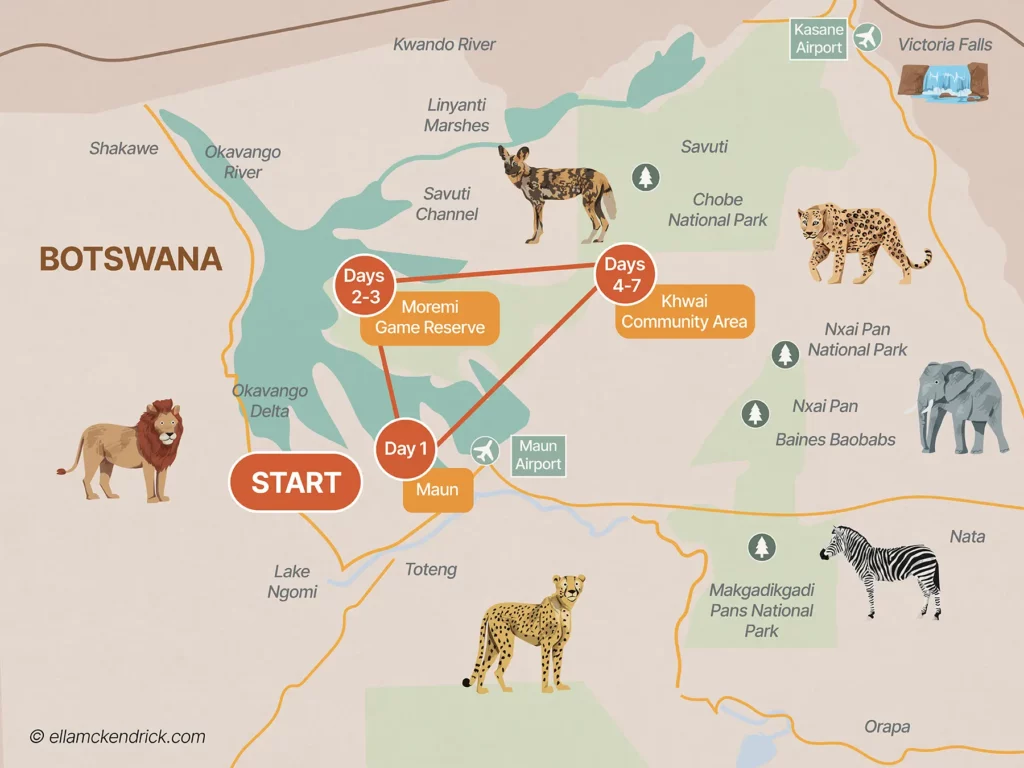 7-Day Okavango Delta Botswana Safari Map