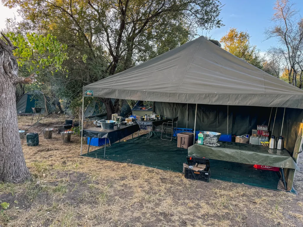 The kitchen manned by our private chef at our luxury mobile tented camp which is classed as a mid-range Botswana safari